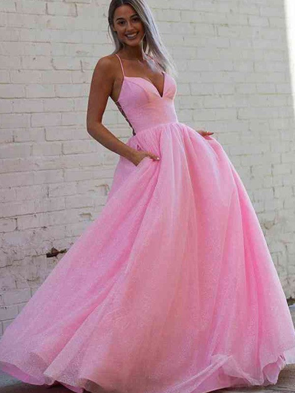 A-Line Ruffles Spaghetti Straps Sleeveless Sweep/Brush Train Dresses