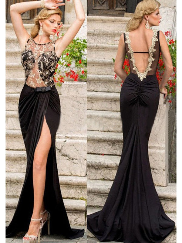 Scoop Sleeveless Lace Jersey Sweep/Brush Train Dresses