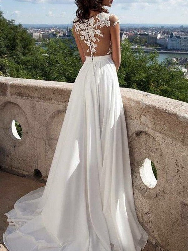 Short Sleeves Scoop Sweep/Brush Train Applique Chiffon Dresses