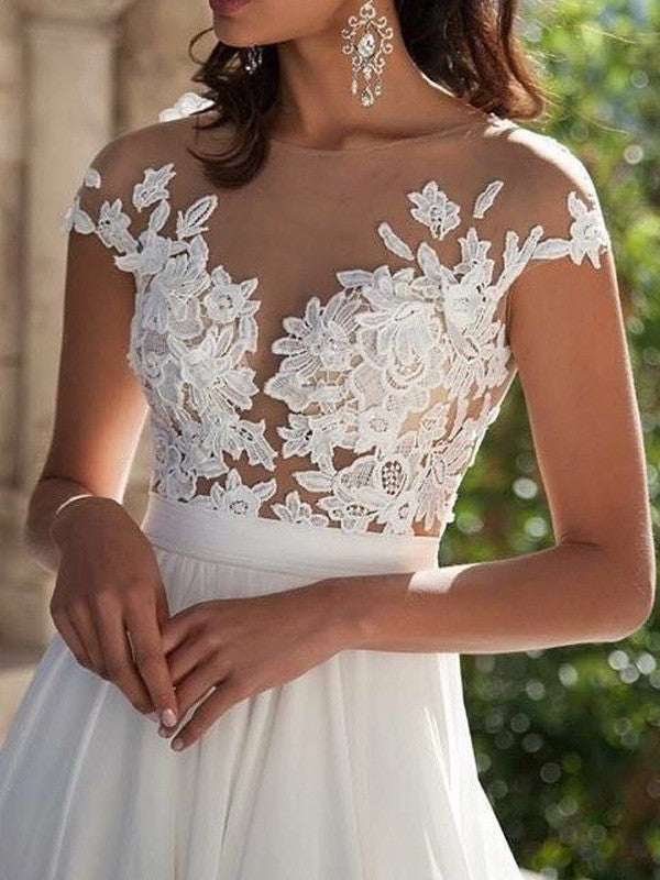 Short Sleeves Scoop Sweep/Brush Train Applique Chiffon Dresses
