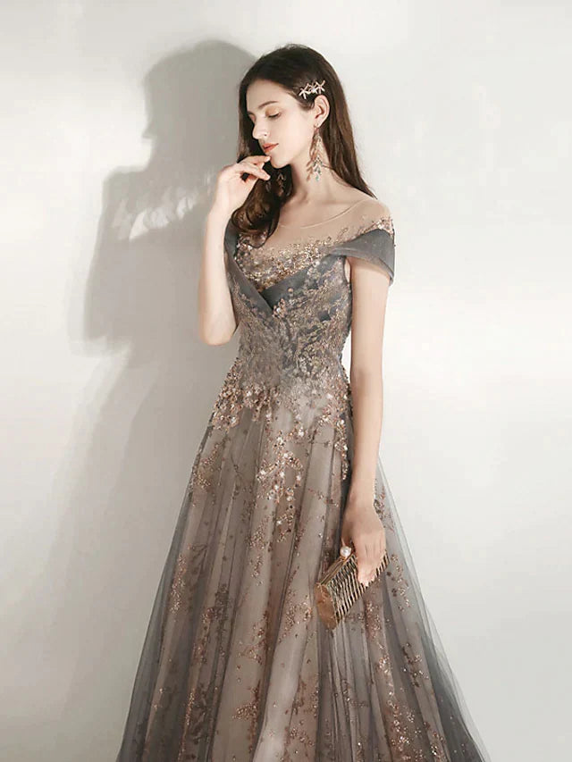 A-Line Bridesmaid Dress Jewel Neck Short Sleeve Beautiful Back Floor Length Tulle with Crystals Bandage