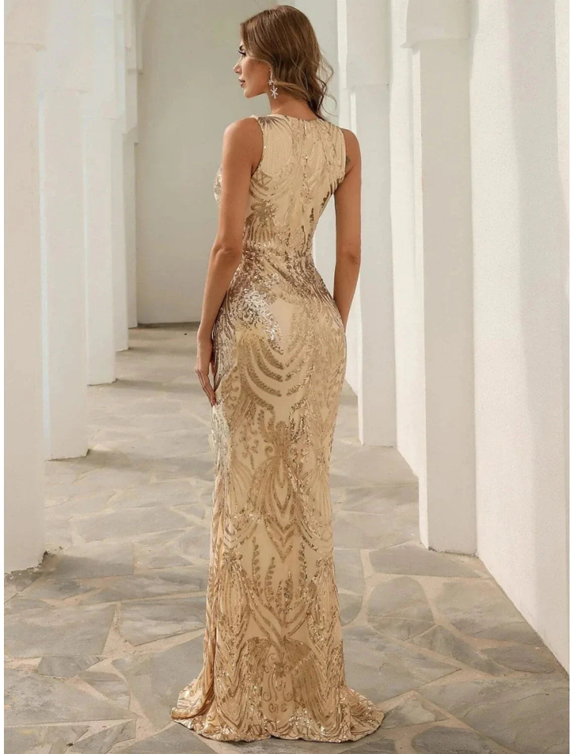 Evening Gown Elegant Dress Formal Sweep / Brush Train Sleeveless V Neck Stretch Fabric with Sequin