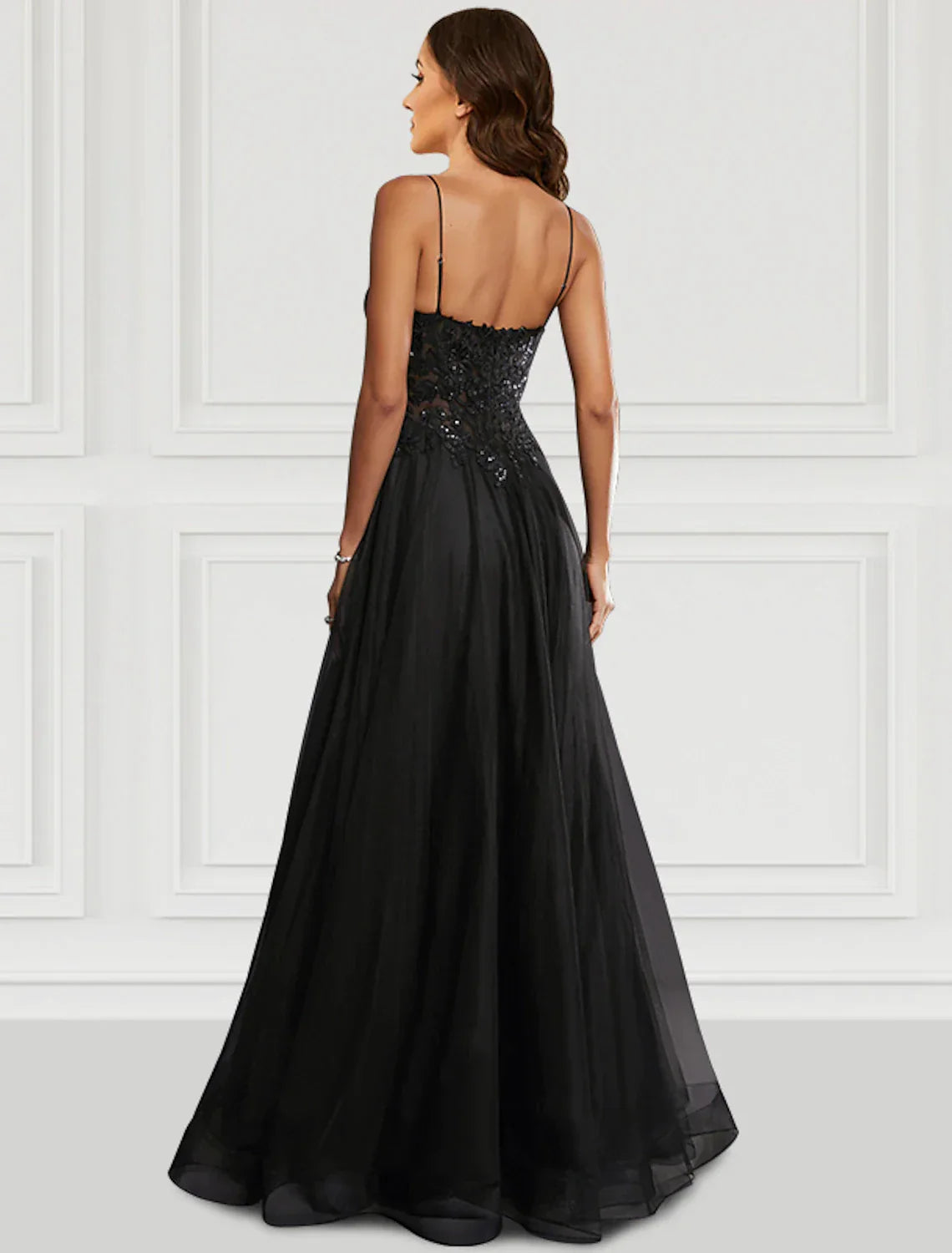 A-Line Prom Black Dress Floral Dress Party Wear Wedding Party Floor Length Sleeveless Spaghetti Strap Tulle with Glitter Slit