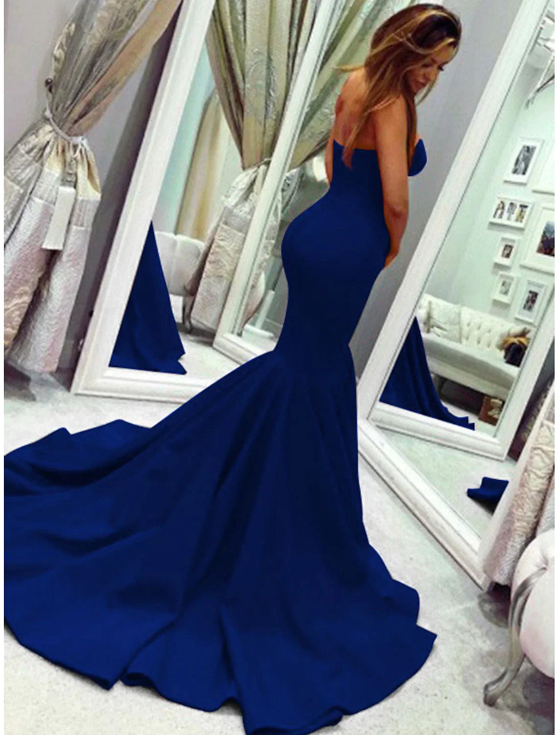 Mermaid Party Dress Minimalist Sexy Wedding Guest Formal Evening Valentine¡®s Day Dress Strapless Sleeveless Court Train with Pleats