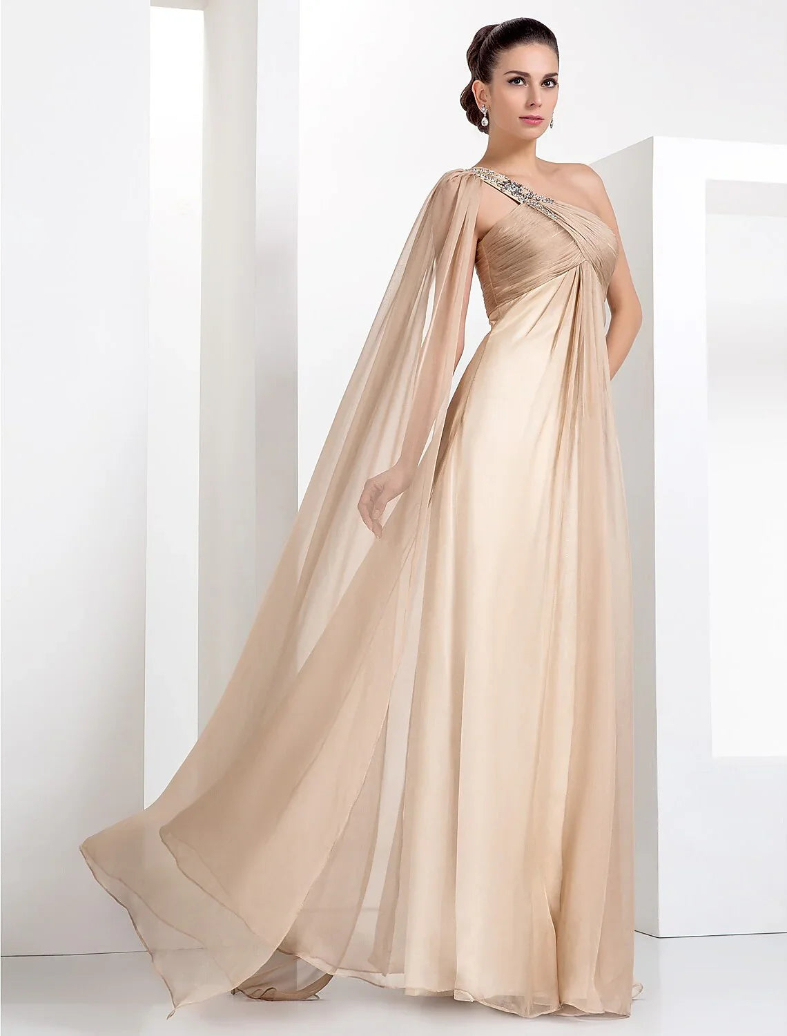 Evening Black Tie Gala Dress One Shoulder Sleeveless Floor Length Chiffon with Criss Cross Crystals