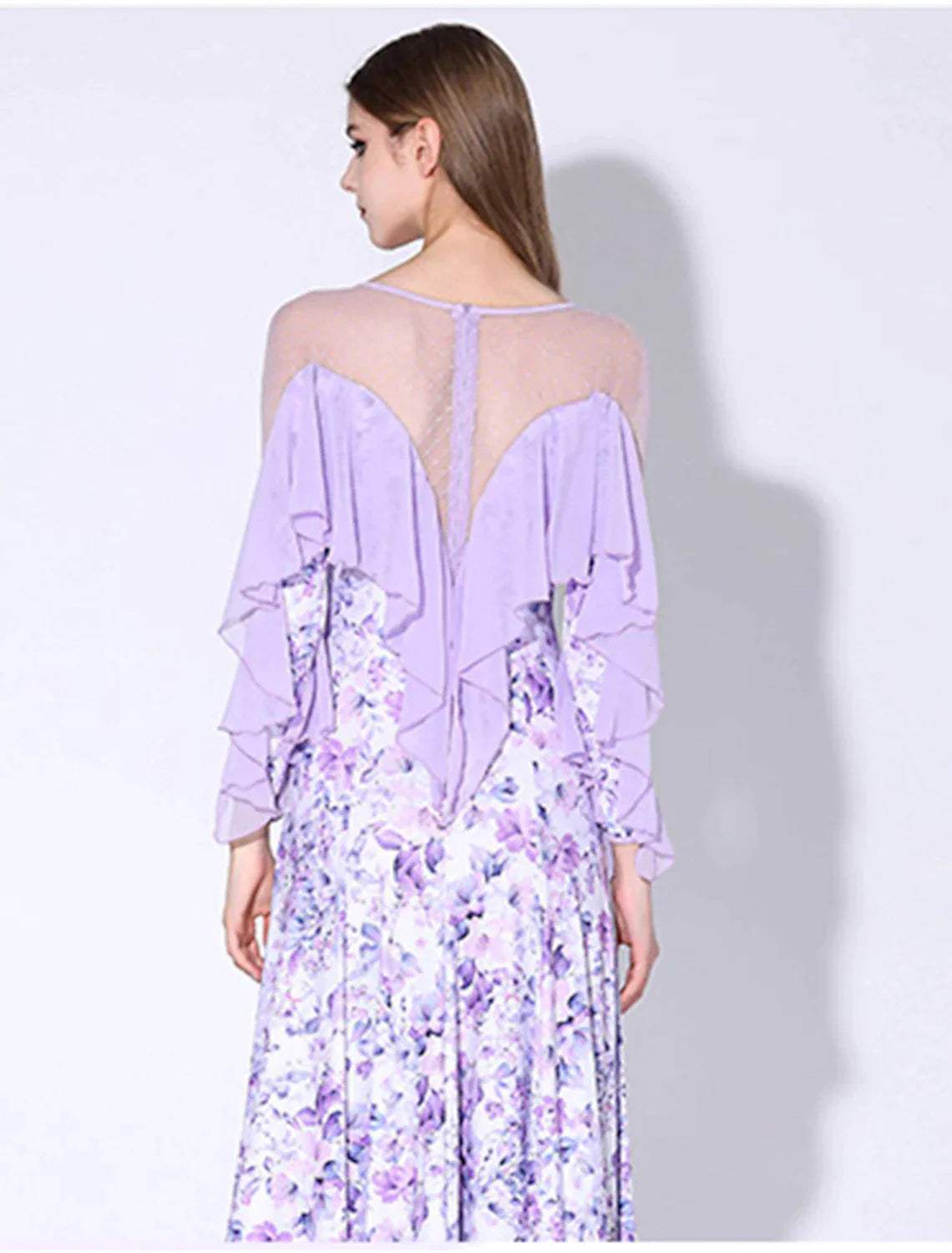 Ballroom Dance Dress Printing Ruffles Women's Performance Party Long Sleeve Polyester Mesh Milk Fiber