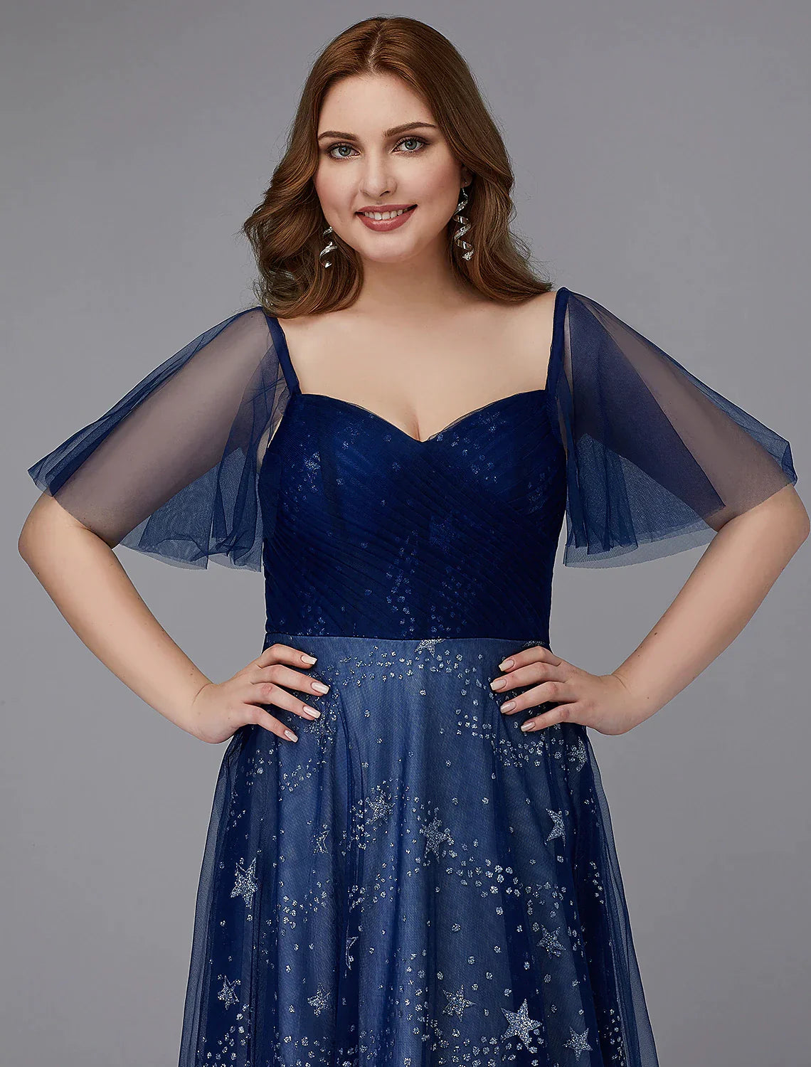 A-Line Plus Size Evening  Dress Floor Length Short Sleeve Sweetheart Tulle Lace-up with Beading Pattern / Print