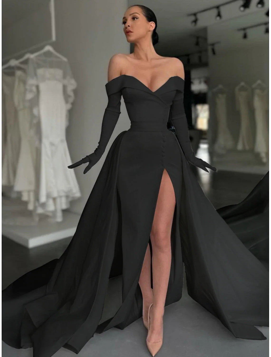 A-Line Evening Gown Elegant Dress Formal Court Train Long Sleeve Off Shoulder Satin