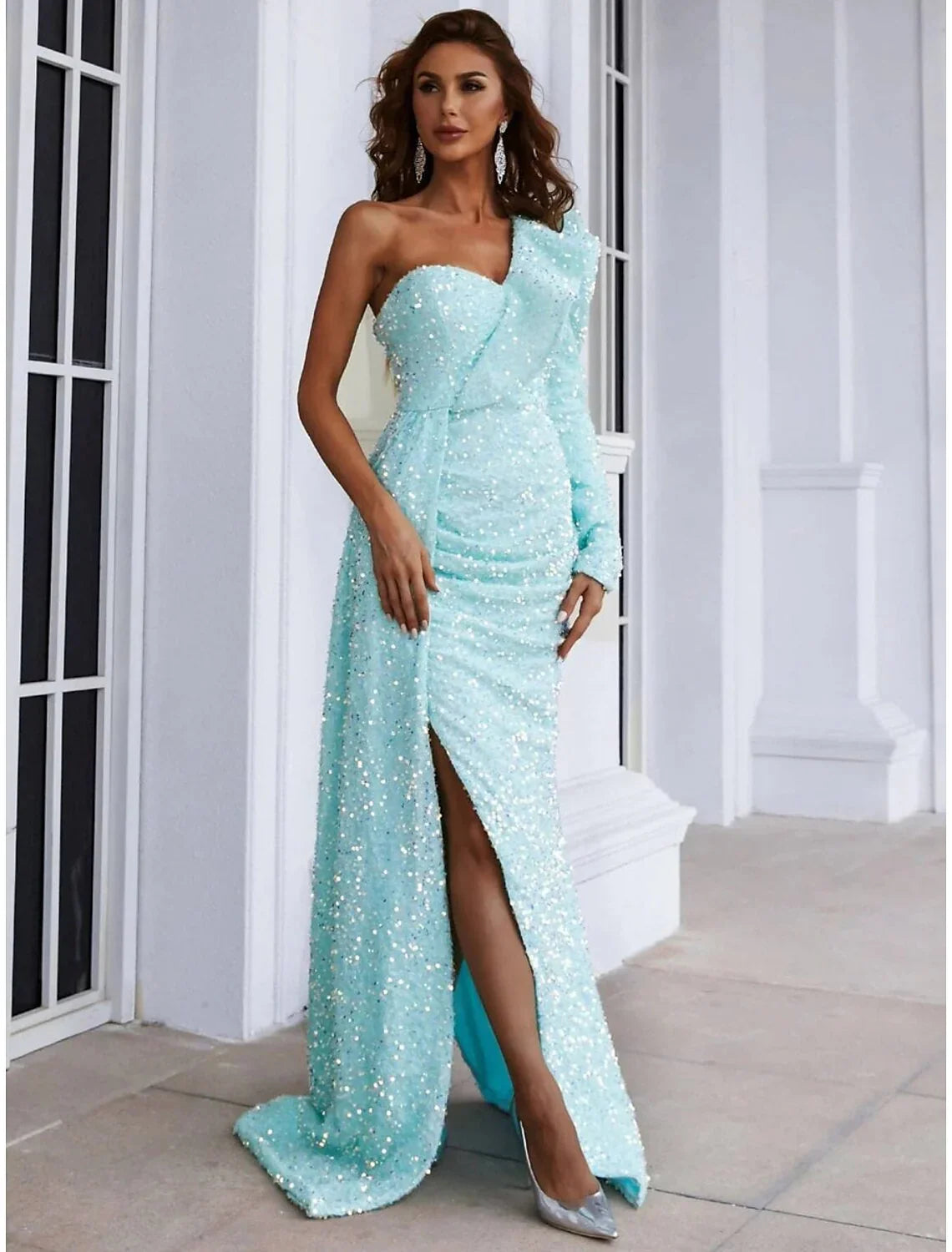 Evening Gown Elegant Dress Formal Sweep / Brush Train Long Sleeve One Shoulder Sequined with Glitter Ruched