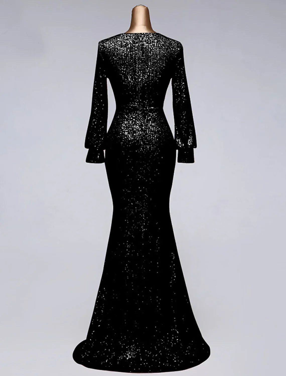 Evening Gown Elegant Dress Wedding Guest Floor Length Long Sleeve V Neck Tulle with Sequin Slit