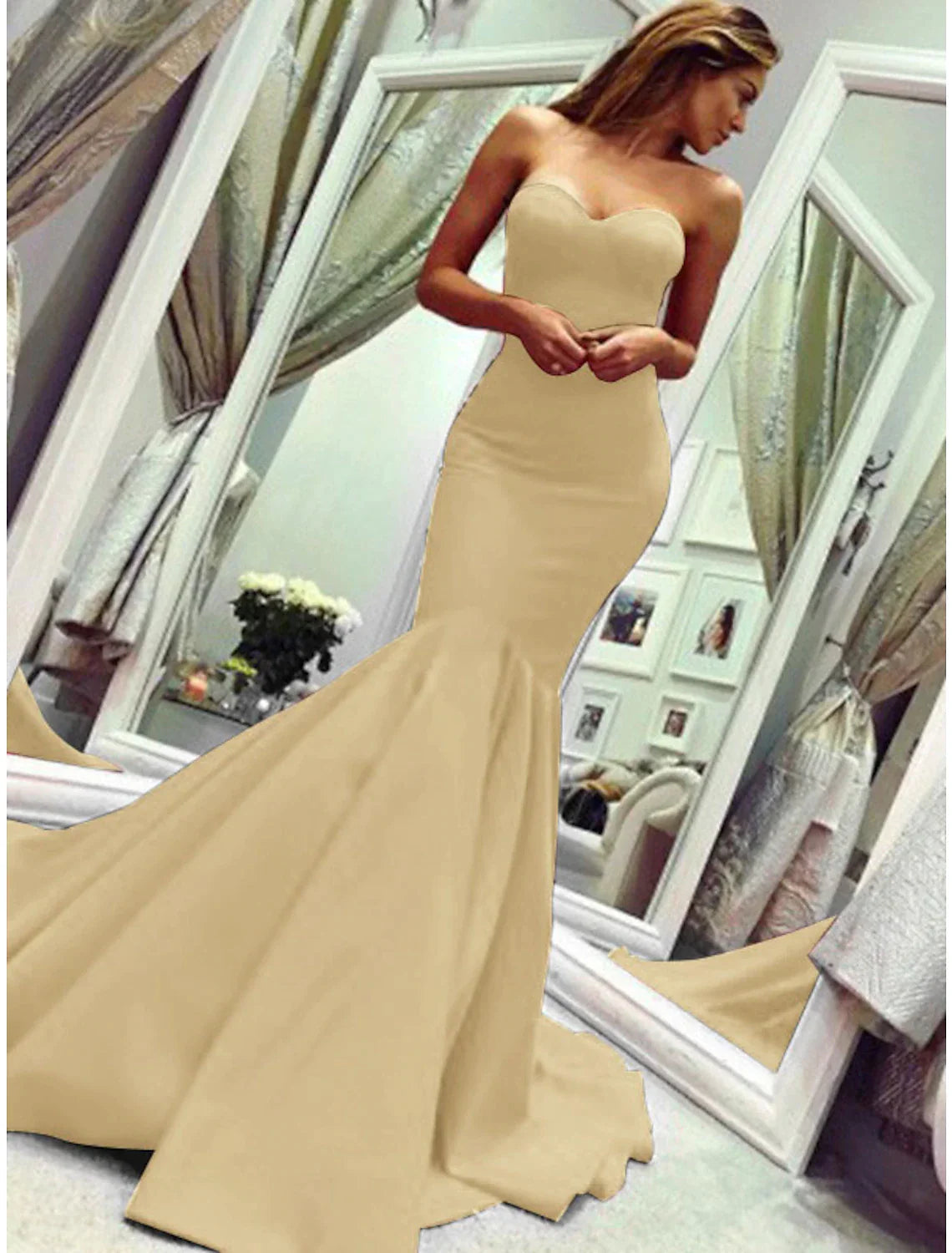 Mermaid Party Dress Minimalist Sexy Wedding Guest Formal Evening Valentine¡®s Day Dress Strapless Sleeveless Court Train with Pleats