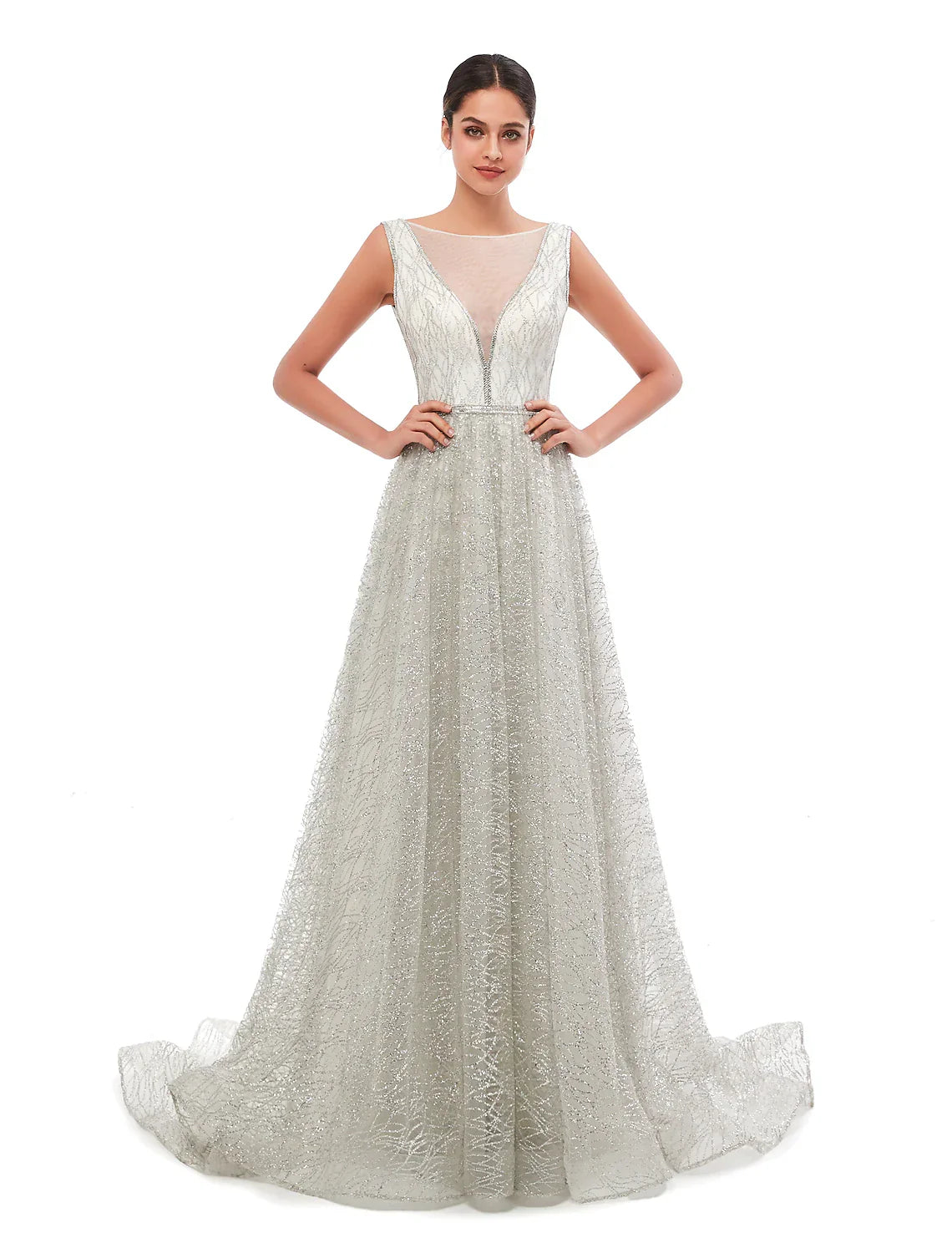 Evening Gown Vintage Dress Prom Court Train Sleeveless Illusion Neck Sequined with Sequin