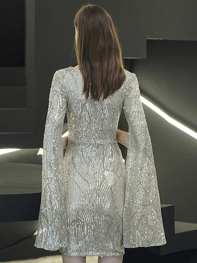Sheath / Column Sparkle Elegant Homecoming Cocktail Party Dress V Neck Long Sleeve Short / Mini Sequined