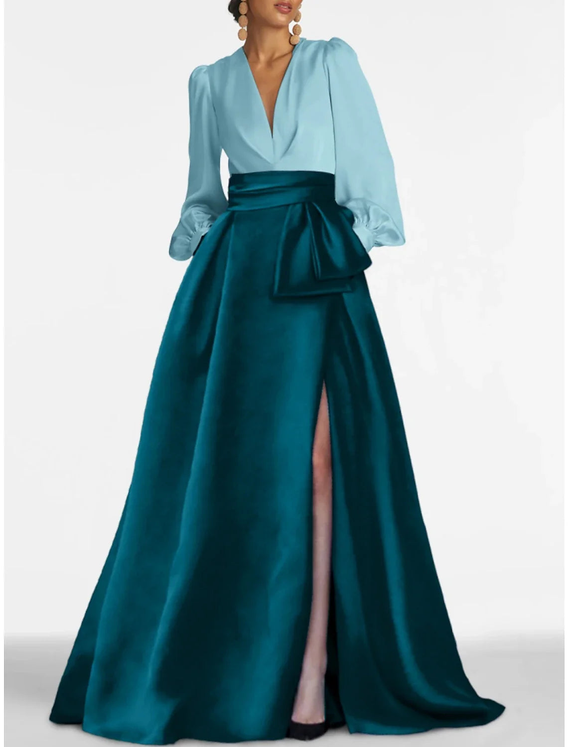 A-Line Evening Gown Elegant Dress Formal Sweep / Brush Train Formal Red Green Dress Long Sleeve V Neck Satin