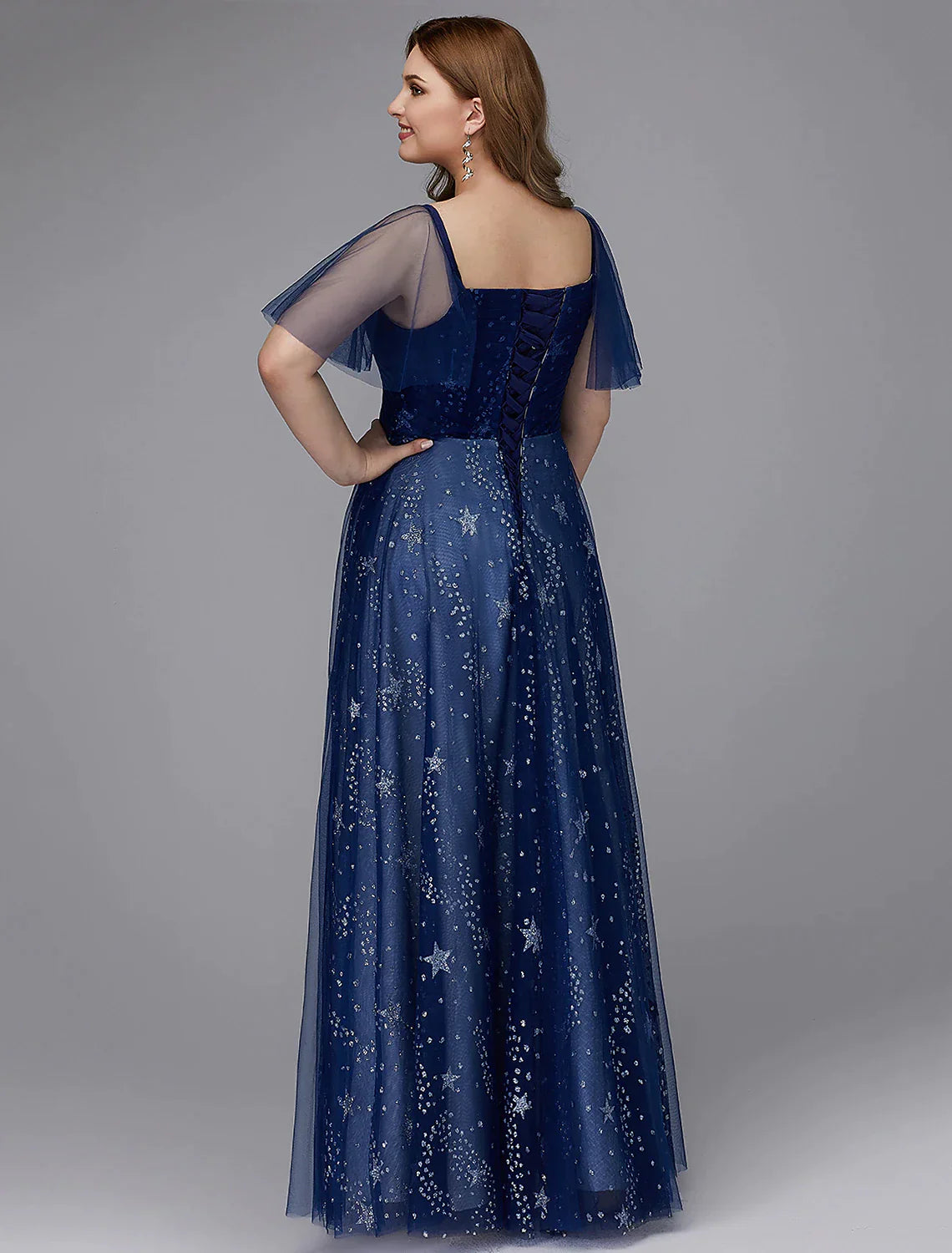 A-Line Plus Size Evening  Dress Floor Length Short Sleeve Sweetheart Tulle Lace-up with Beading Pattern / Print