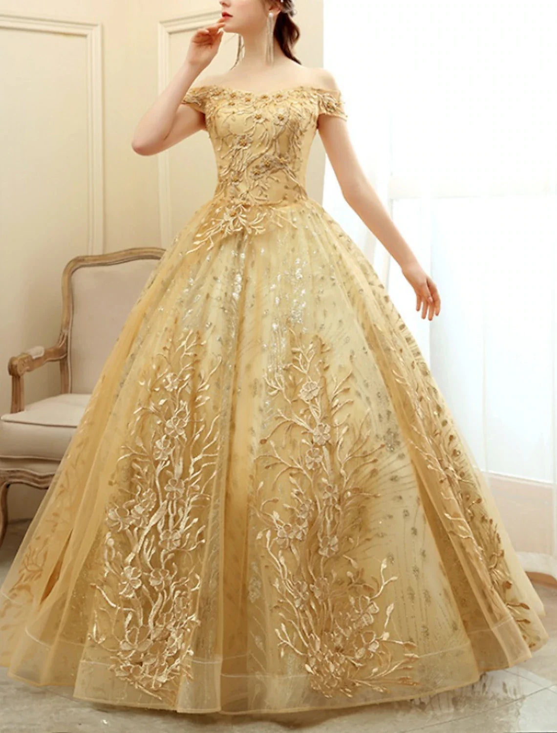 A-Line Prom Dresses Elegant Dress Formal Floor Length Short Sleeve Off Shoulder Tulle