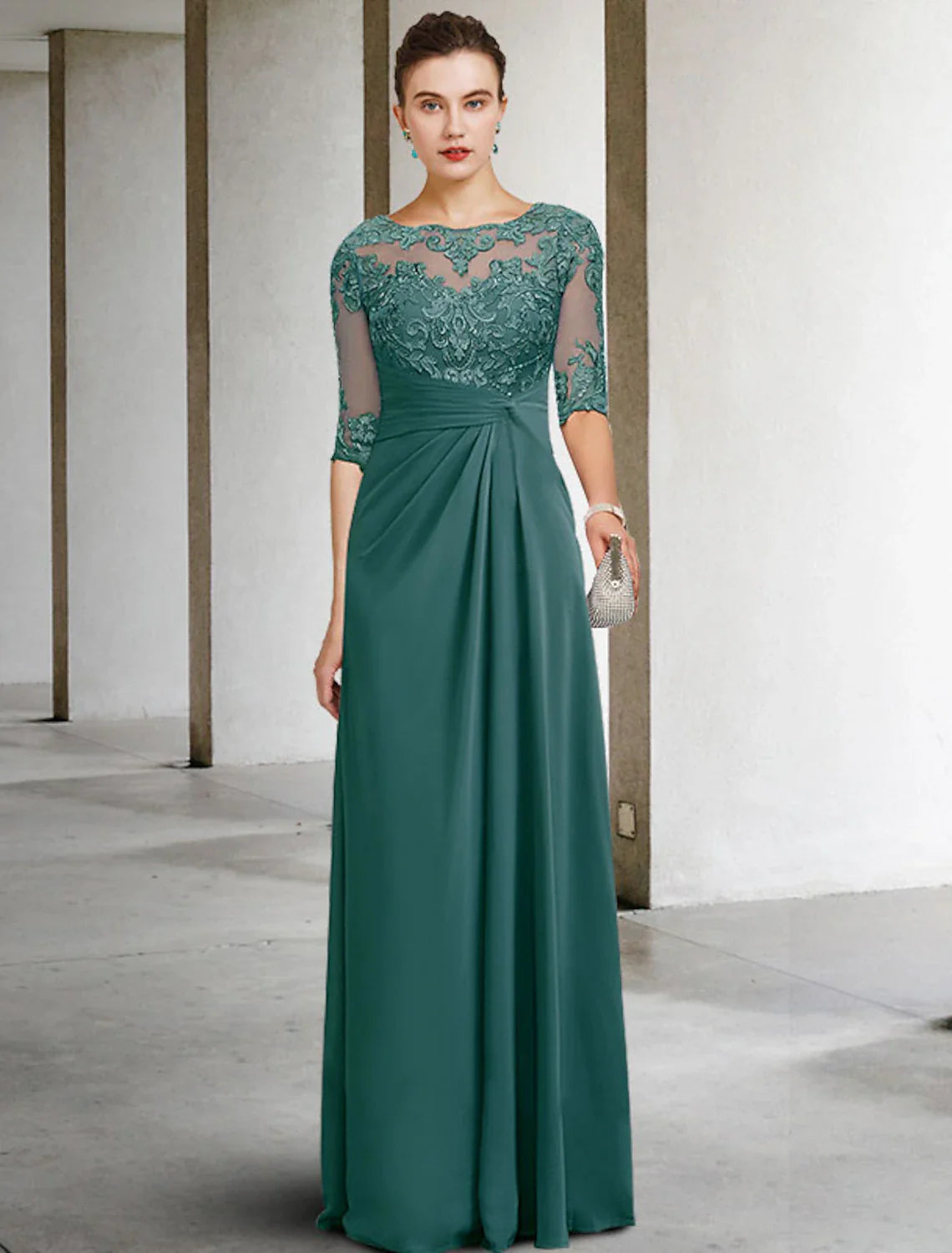 Sheath / Column Mother of the Bride Dress Wedding Guest Elegant Plus Size Jewel Neck Floor Length Chiffon Lace Short Sleeve