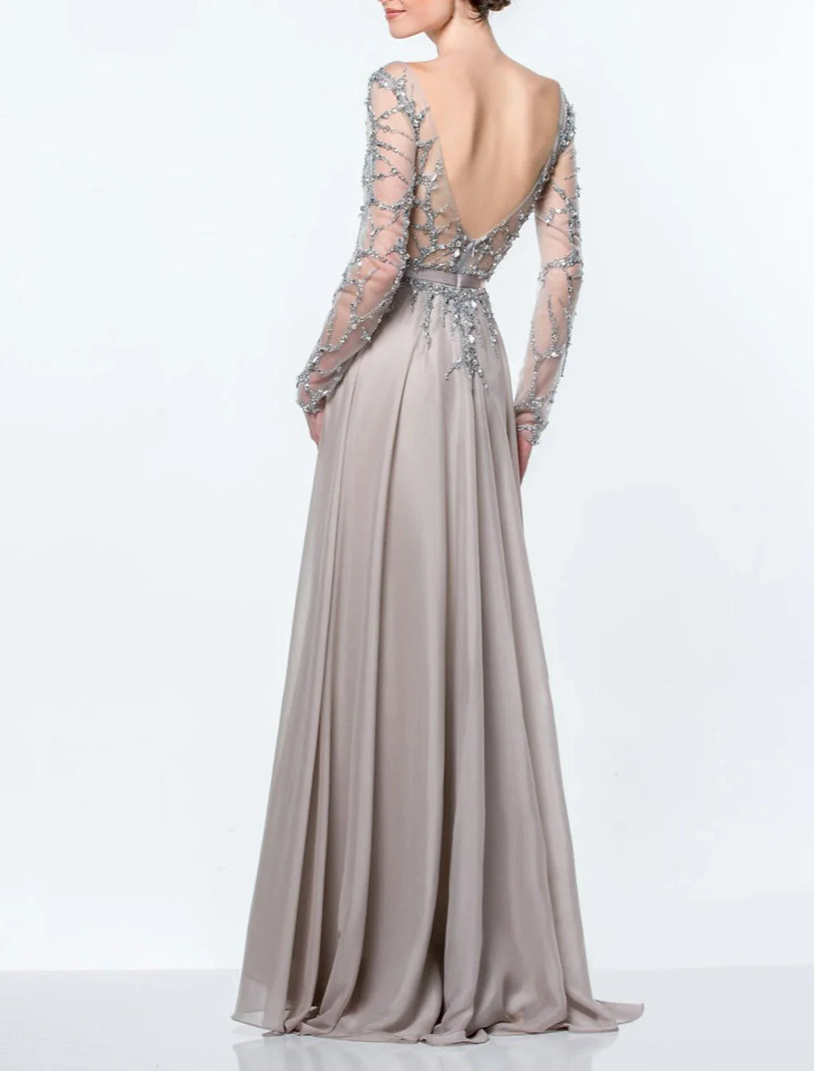 A-Line Mother of the Bride Dress Formal Wedding Guest Elegant Jewel Neck Floor Length Chiffon Sequined Long Sleeve
