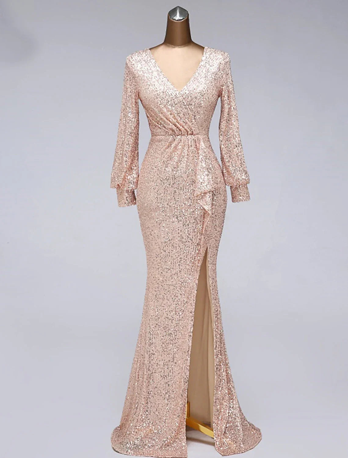 Evening Gown Elegant Dress Wedding Guest Floor Length Long Sleeve V Neck Tulle with Sequin Slit