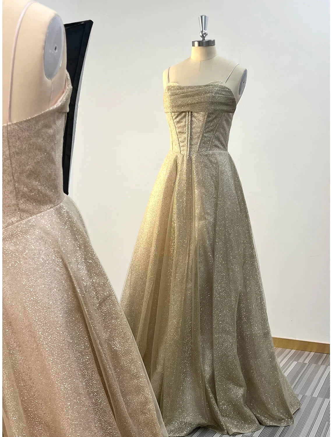 A-Line Evening Gown Corsets Dress Summer Floor Length Sleeveless Cowl Neck Tulle with Glitter