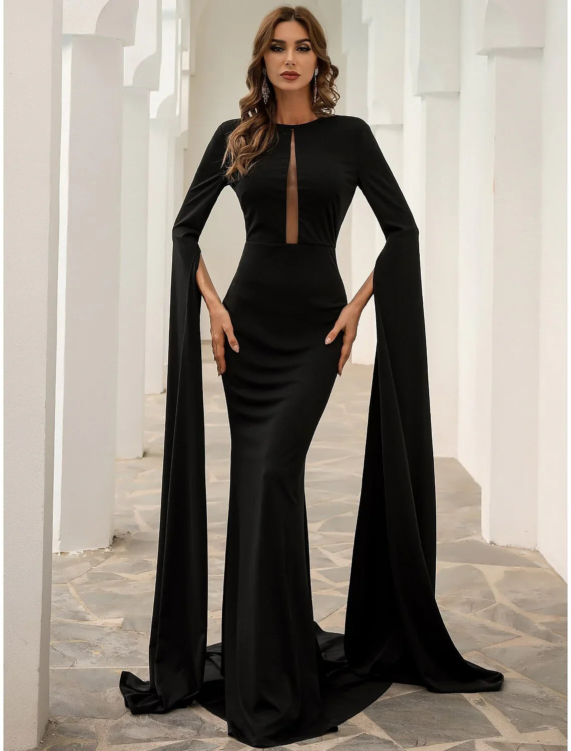 Evening Gown Elegant Dress Formal Fall Court Train Long Sleeve Jewel Neck Stretch Fabric with Pleats
