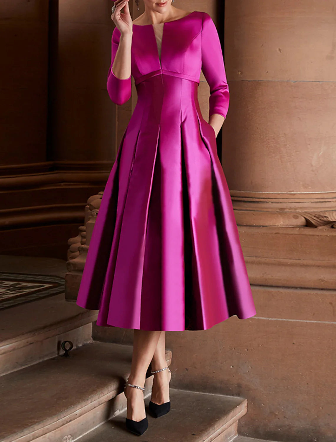 A-Line Cocktail Dresses Minimalist Dress Party Dress Wedding Guest Tea Length 3/4 Length Sleeve Jewel Neck Fall Wedding Guest Satin