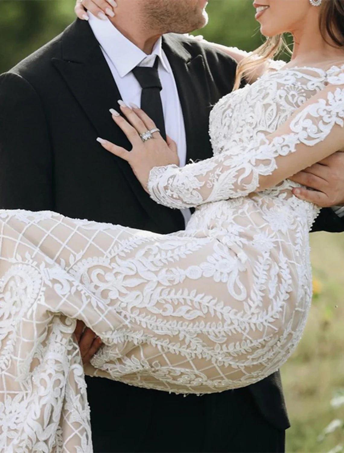 Engagement Formal Boho Wedding Dresses Mermaid / Trumpet Illusion Neck Long Sleeve Sweep / Brush Train Lace Bridal Gowns