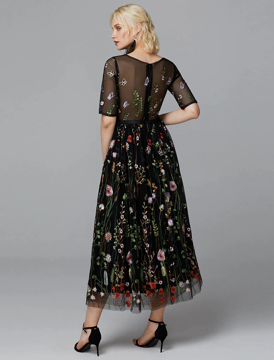A-Line Floral Dress Holiday Wedding Guest Tea Length Half Sleeve Illusion Neck Lace with Embroidery Appliques