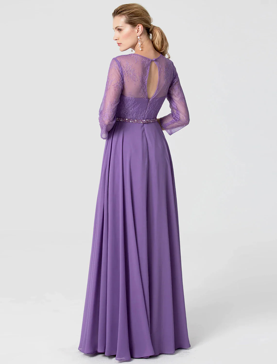 A-Line Elegant Holiday Cocktail Party Formal Evening Dress V Neck 3/4 Length Sleeve Floor Length Chiffon Lace with Sash / Ribbon Beading / Illusion Sleeve