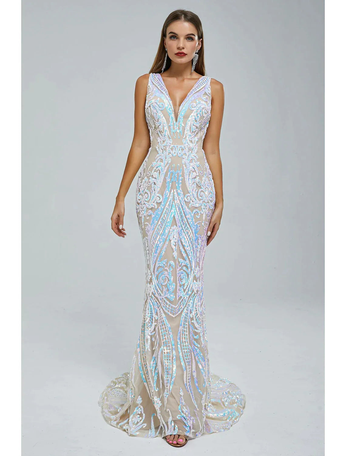 Mermaid / Trumpet Evening Gown Sparkle & Shine Dress Wedding Guest Engagement Court Train Sleeveless V Neck Sequined with Sequin