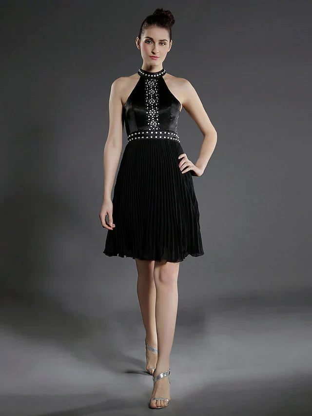 Ball Gown Little Black Dress Dress Holiday Knee Length Sleeveless High Neck Chiffon