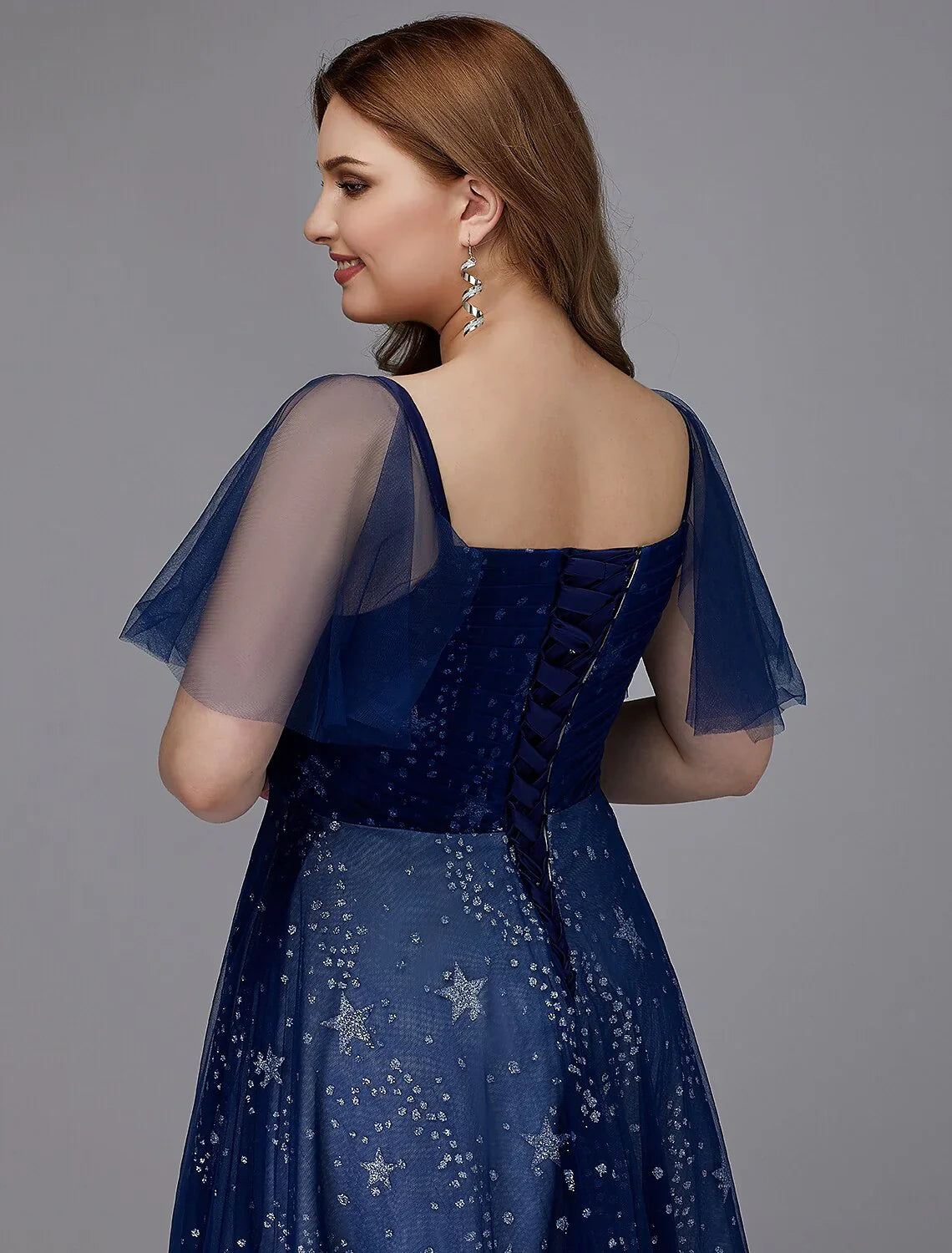 A-Line Plus Size Evening  Dress Floor Length Short Sleeve Sweetheart Tulle Lace-up with Beading Pattern / Print