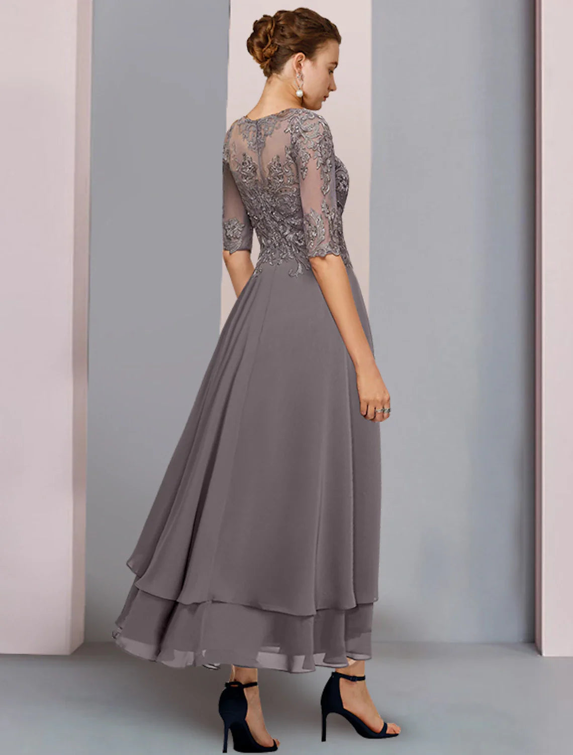 A-Line Mother of the Bride Dress Formal Wedding Guest Elegant Scoop Neck Asymmetrical Tea Length Chiffon Lace 3/4 Length Sleeve