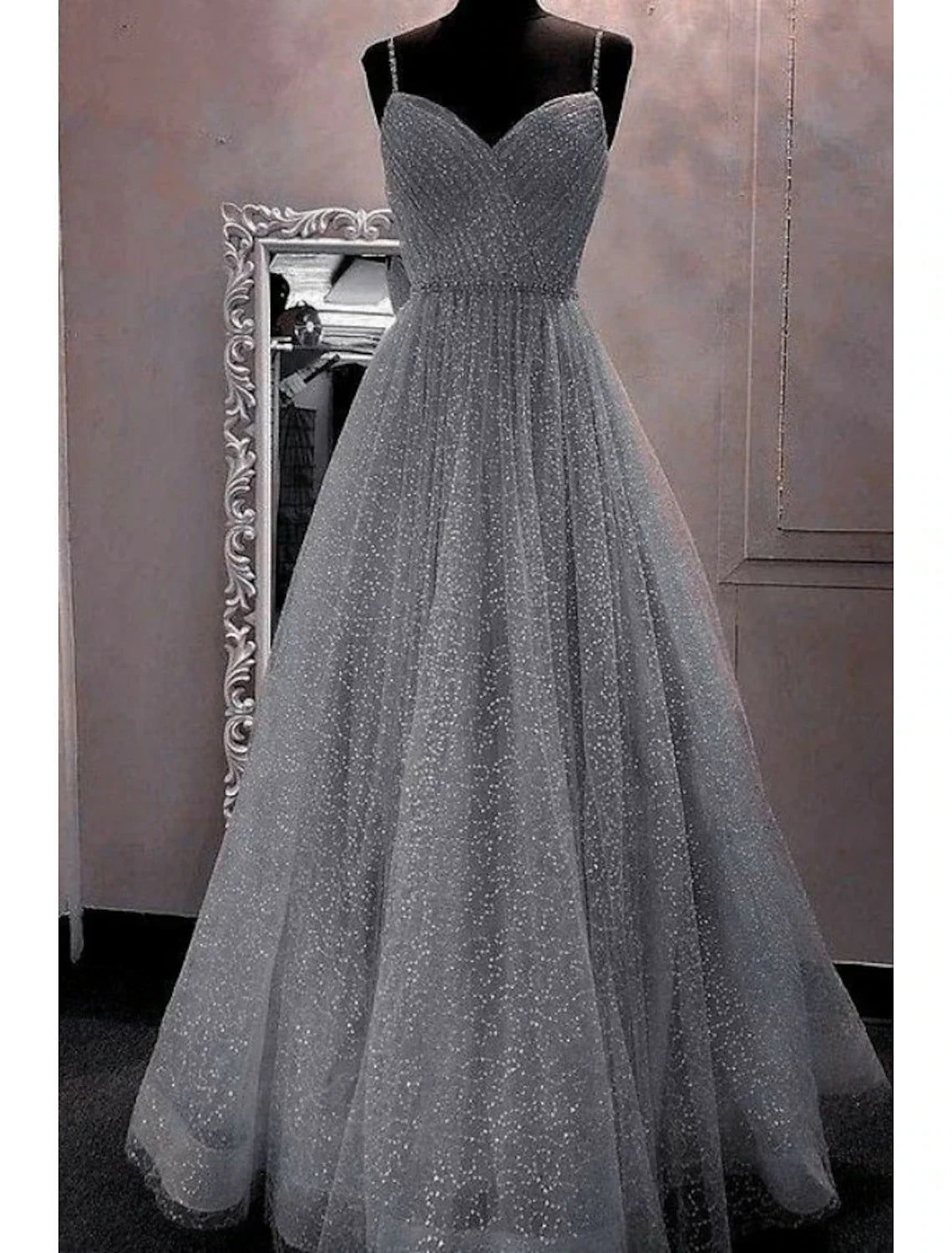 A-Line Prom Dresses Sparkle & Shine Dress Party Dress Birthday Floor Length Sleeveless Spaghetti Strap Tulle