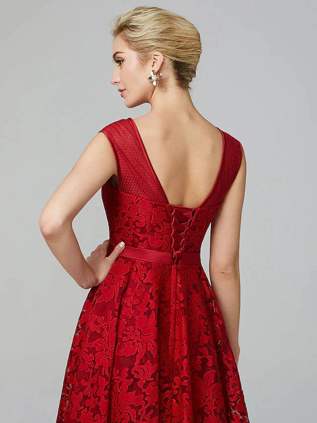 Cocktail Party Tea Length Sleeveless Illusion Neck All Over Floral Lace with Pleats
