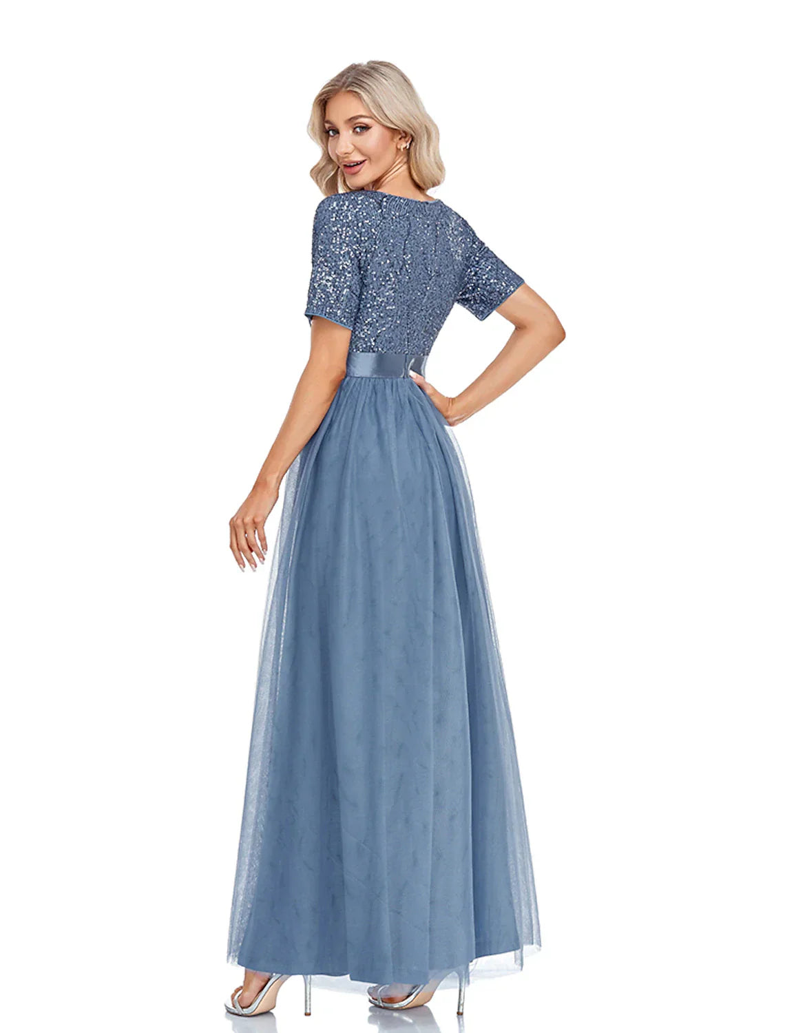 Evening Gown Elegant Dress Wedding Guest Floor Length Short Sleeve V Neck Tulle with Sequin Splicing