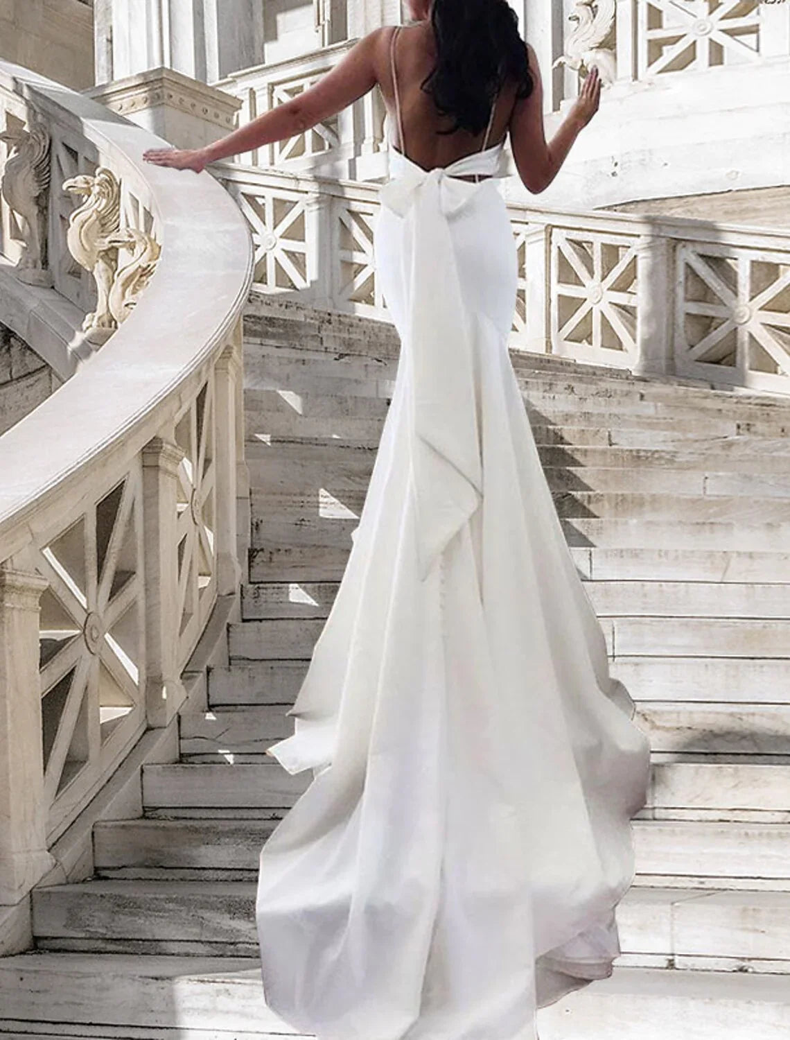 Hall Casual Wedding Dresses Mermaid / Trumpet Sweetheart Camisole Spaghetti Strap Court Train Satin Bridal Gowns With Bow(s)