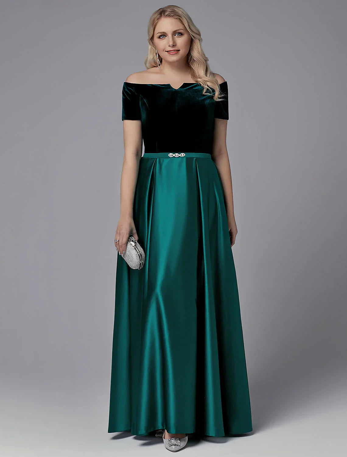 A-Line Evening Dresses Elegant Dress Wedding Guest Formal Evening Floor Length Short Sleeve Off Shoulder Satin with Crystals