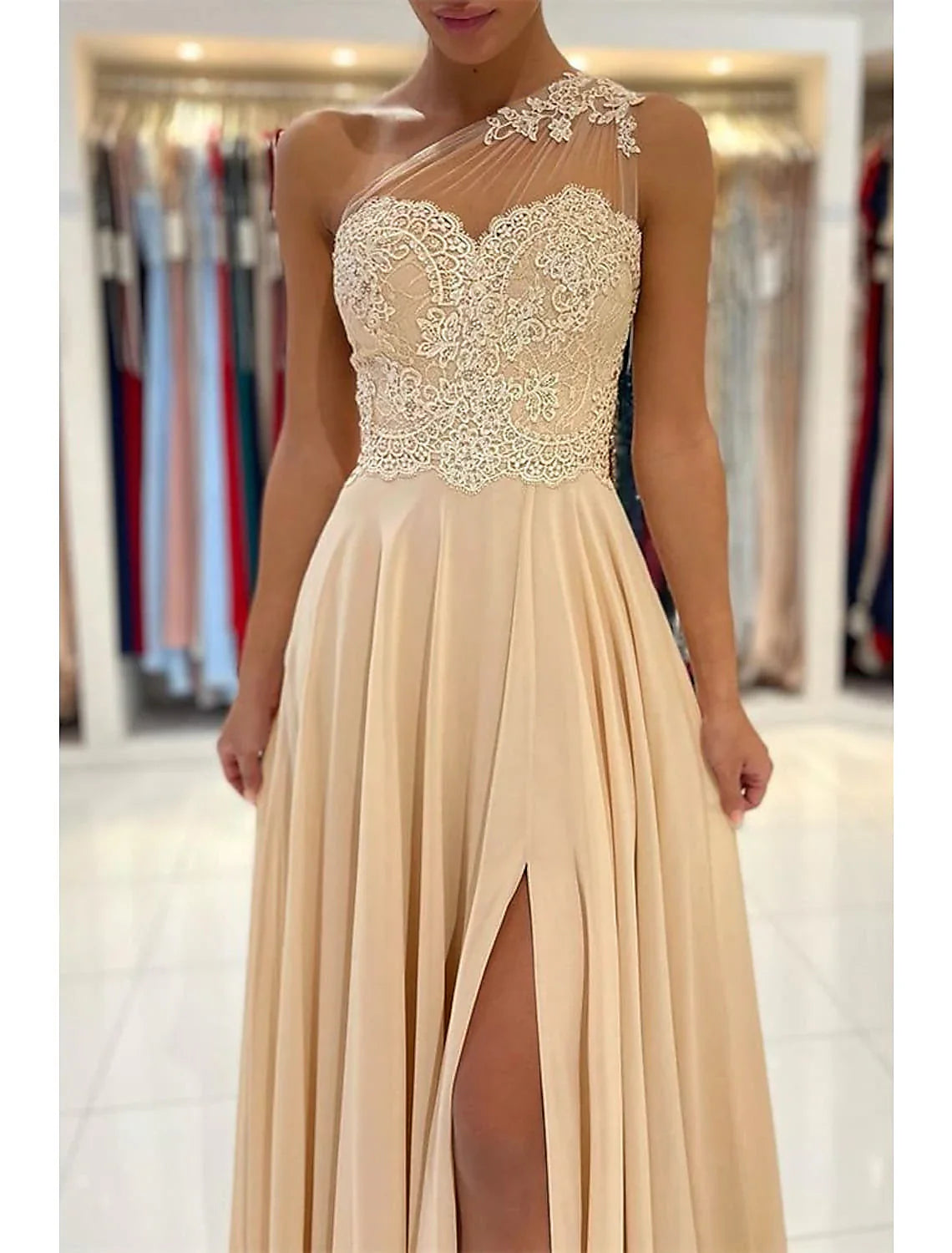 A-Line Prom Dresses Sexy Dress Formal Wedding Guest Court Train Sleeveless One Shoulder Chiffon