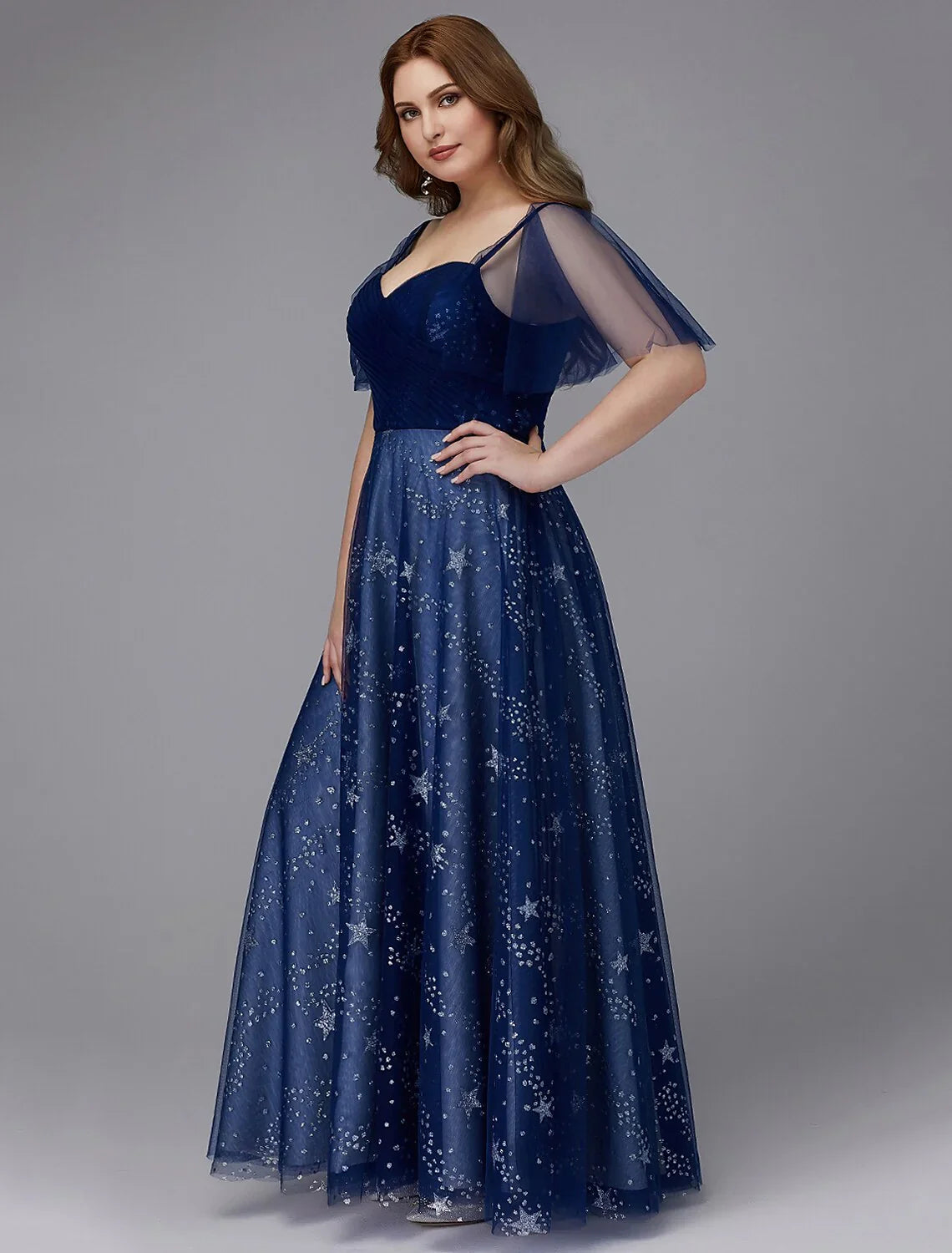 A-Line Plus Size Evening  Dress Floor Length Short Sleeve Sweetheart Tulle Lace-up with Beading Pattern / Print