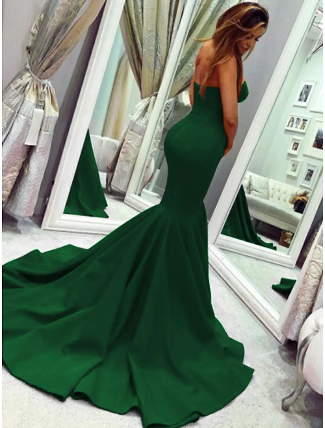 Mermaid Party Dress Minimalist Sexy Wedding Guest Formal Evening Valentine¡®s Day Dress Strapless Sleeveless Court Train with Pleats
