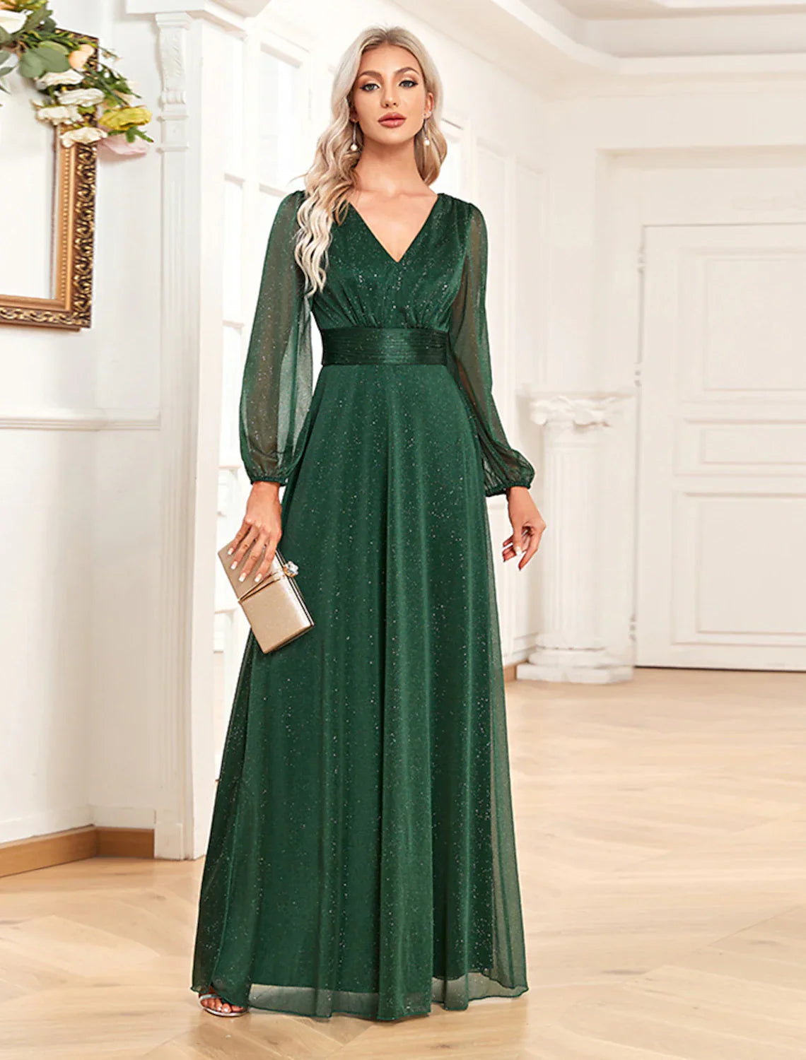 Evening Gown Elegant Dress Formal Floor Length Long Sleeve V Neck Chiffon with Sequin