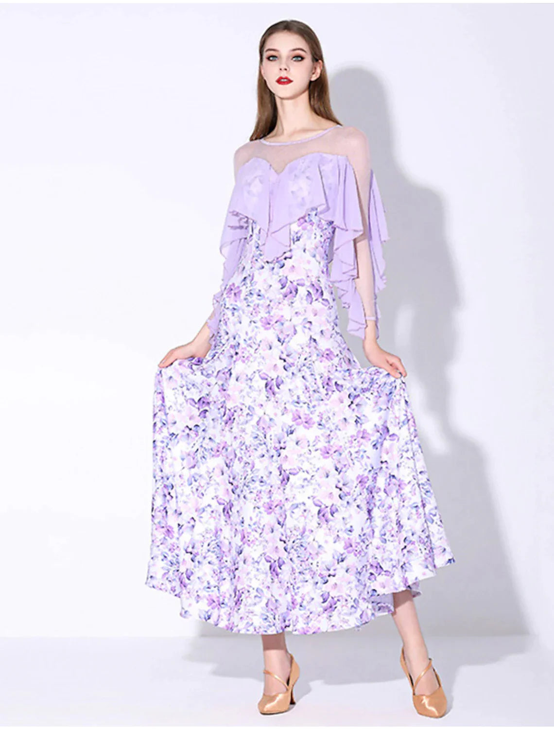 Ballroom Dance Dress Printing Ruffles Women's Performance Party Long Sleeve Polyester Mesh Milk Fiber