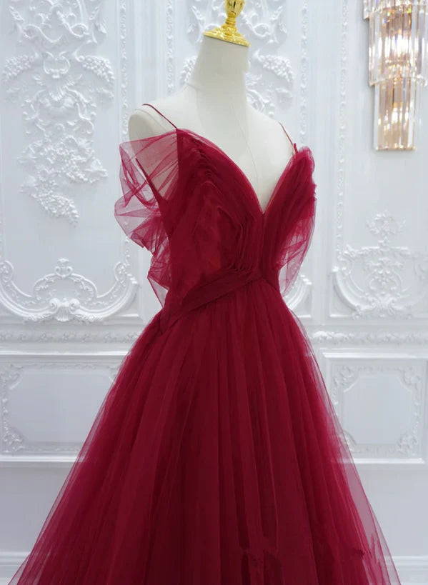 Wine Red Tulle V-neckline Long Party Prom Dress