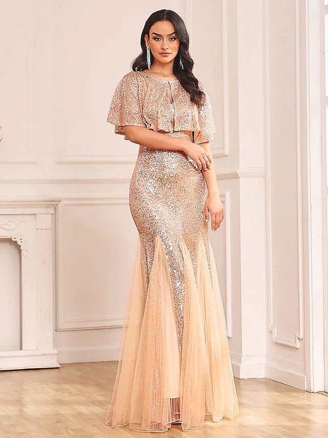 Two Piece Mermaid / Trumpet Party Dresses Sparkle & Shine Dress Prom Floor Length Sleeveless V Neck Capes Tulle V Back with Sequin Shawl