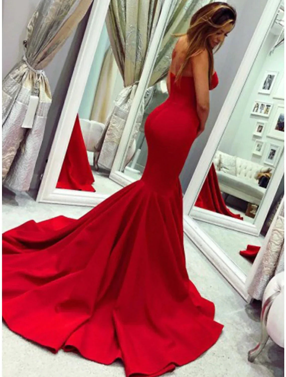 Mermaid Party Dress Minimalist Sexy Wedding Guest Formal Evening Valentine¡®s Day Dress Strapless Sleeveless Court Train with Pleats