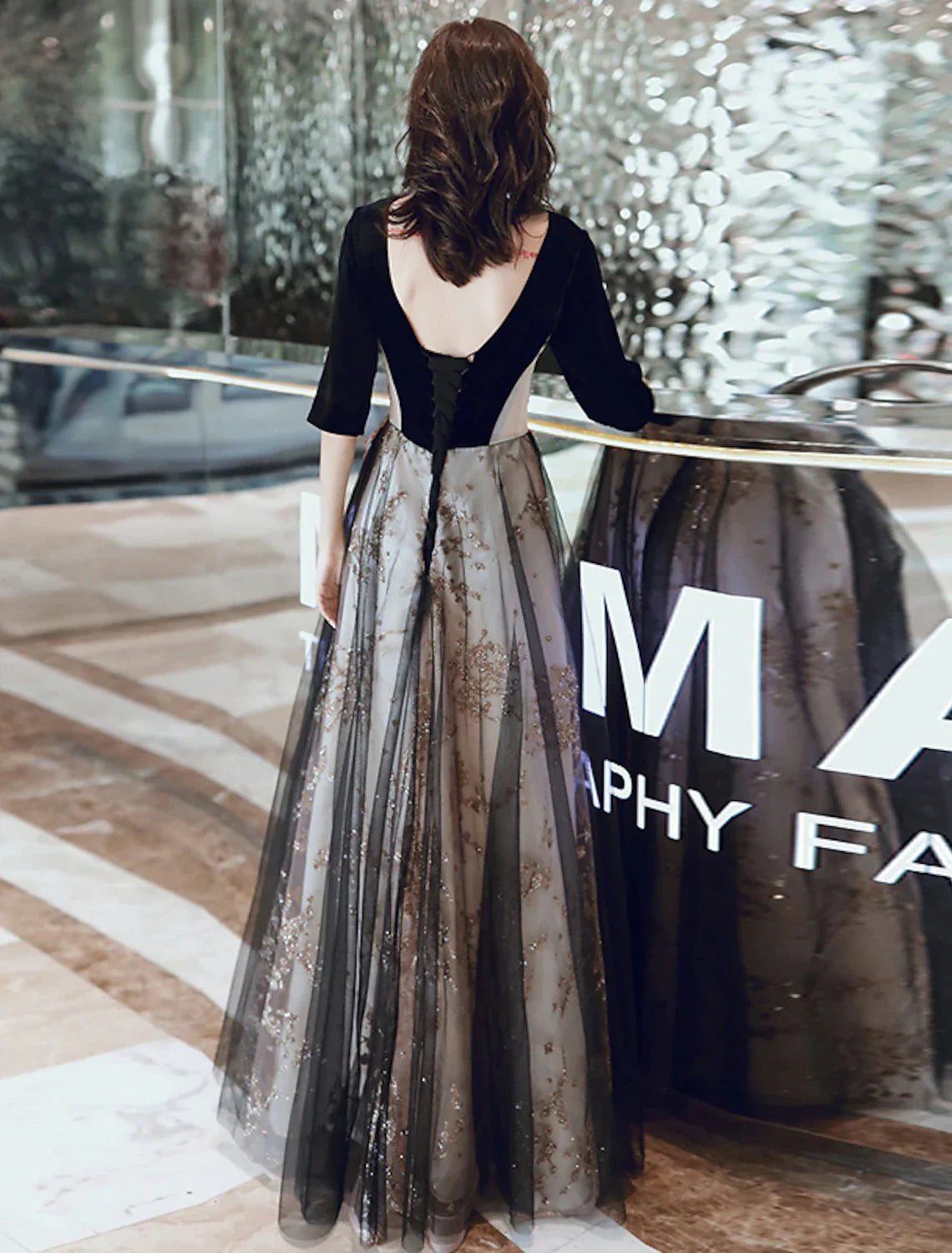 Evening Dress Illusion Neck Half Sleeve Floor Length Velvet with Sequin Appliques