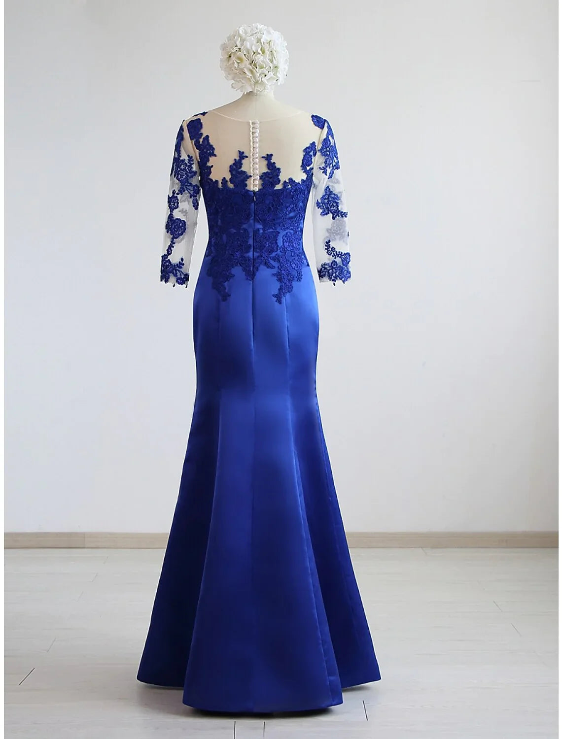 Mermaid / Trumpet Evening Gown Elegant Dress Formal Floor Length Half Sleeve Illusion Neck Satin with Pleats