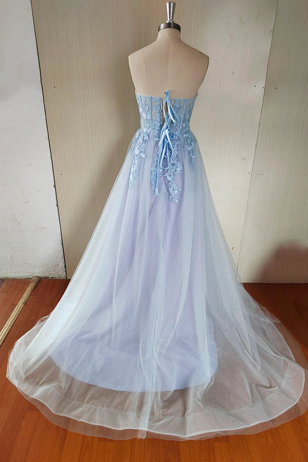 Blue Strapless Lace Long A-Line Prom Dress