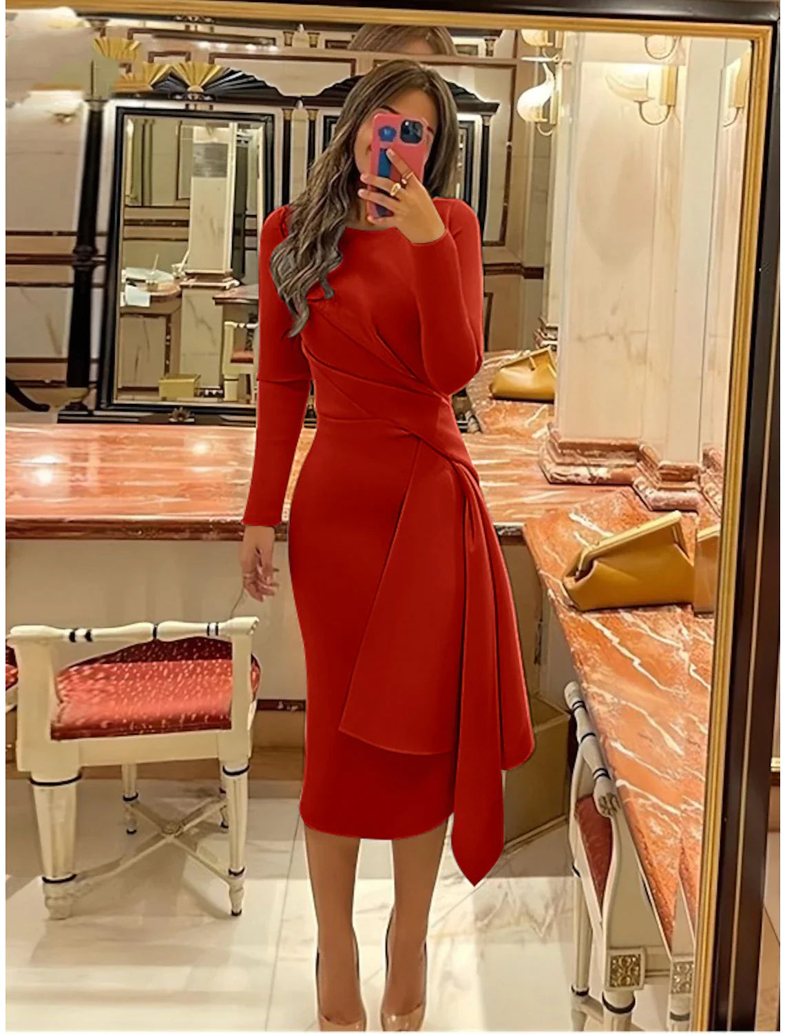 Sheath Formal Dress Cocktail Dresses Elegant Christmas Red Green Dress Formal Fall Knee Length Long Sleeve Jewel Neck with Pleats Ruched